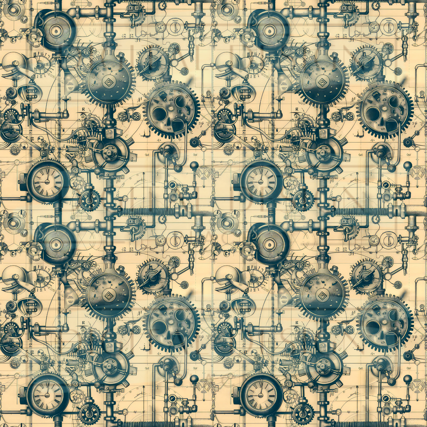 Blue Gold Steampunk Blueprints VinylV1495