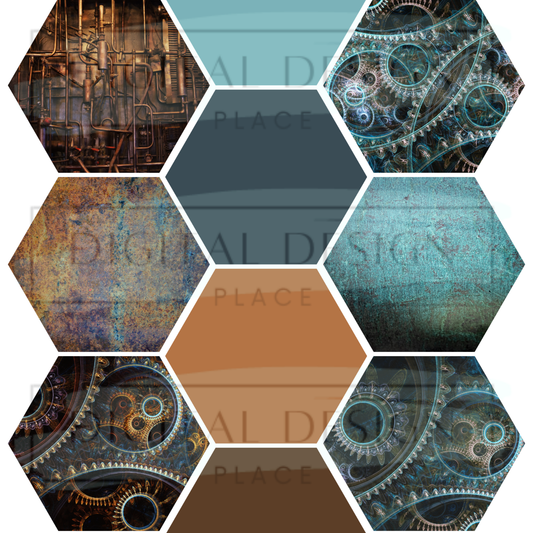 Steampunk Hexagon Collage Mixed Media MM25