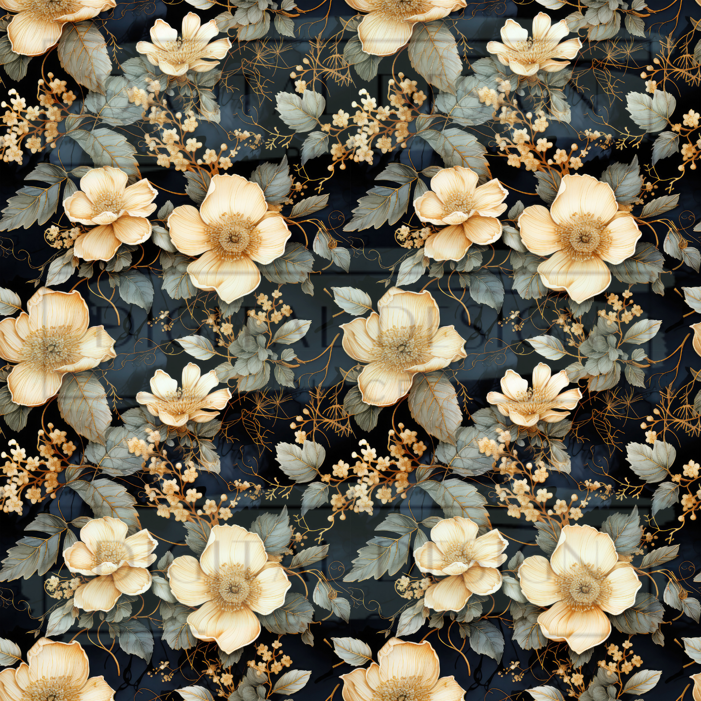 Navy & Ivory Florals VinylV1807