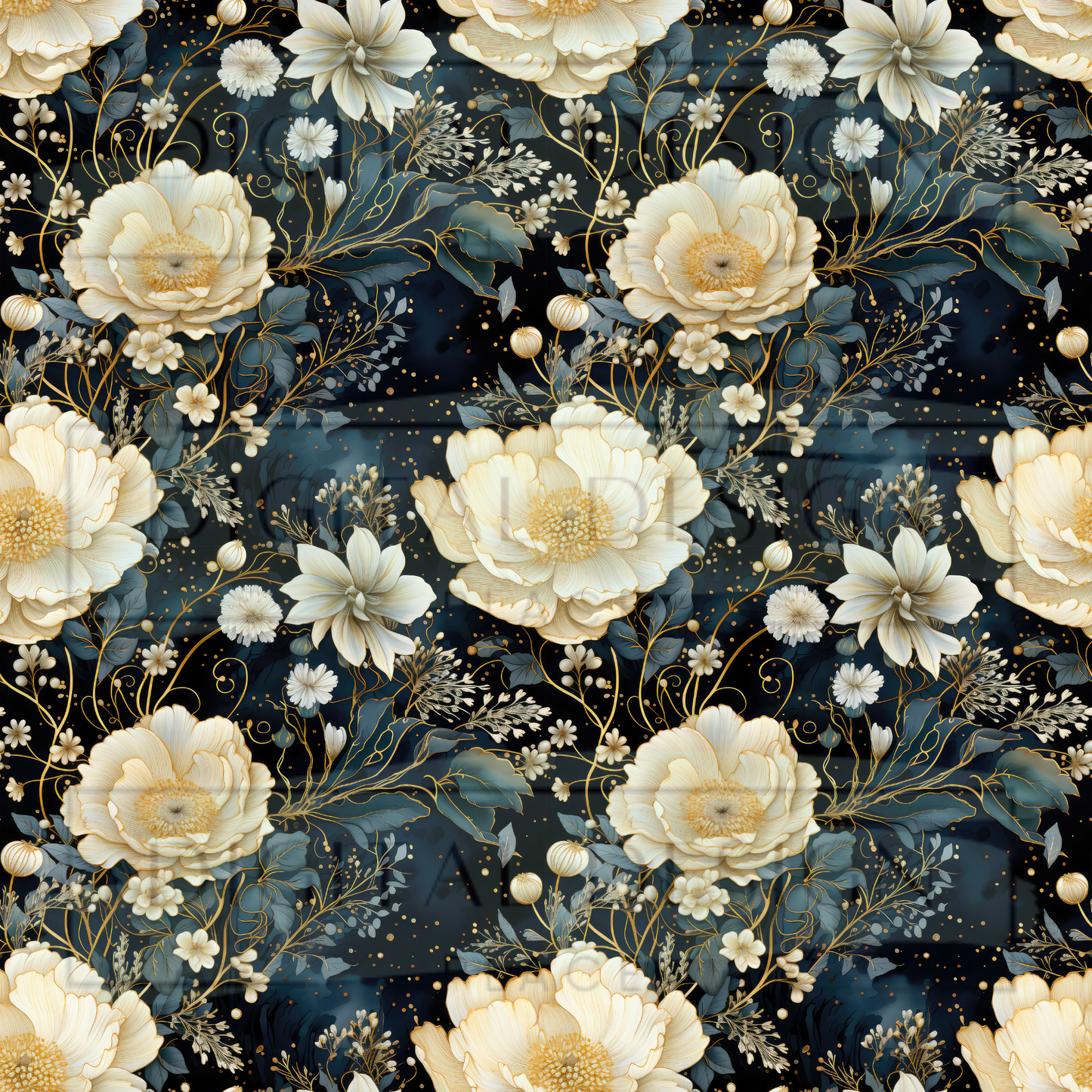 Navy & Ivory Florals VinylV1808