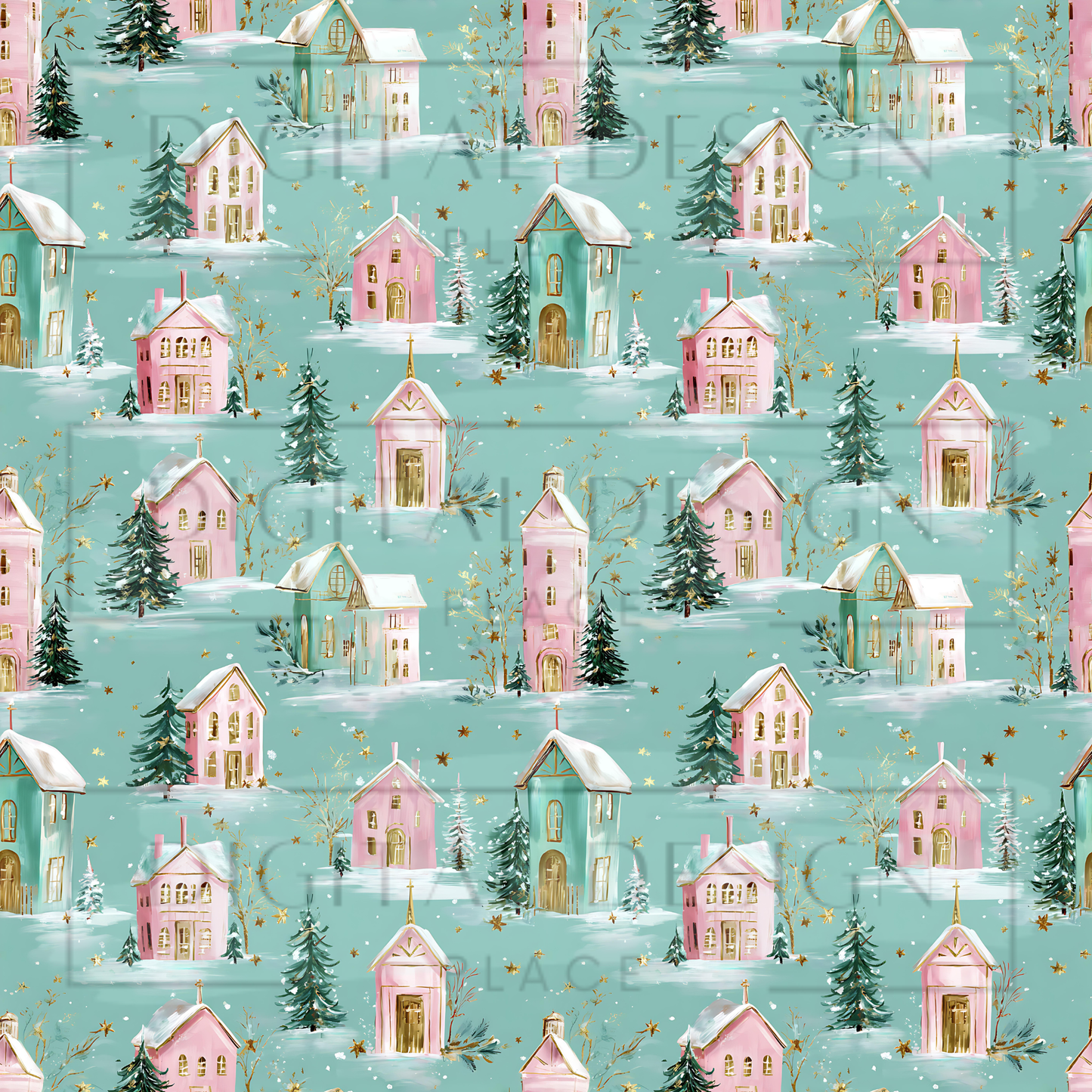 Teal and Pink Christmas Houses VinylV2602