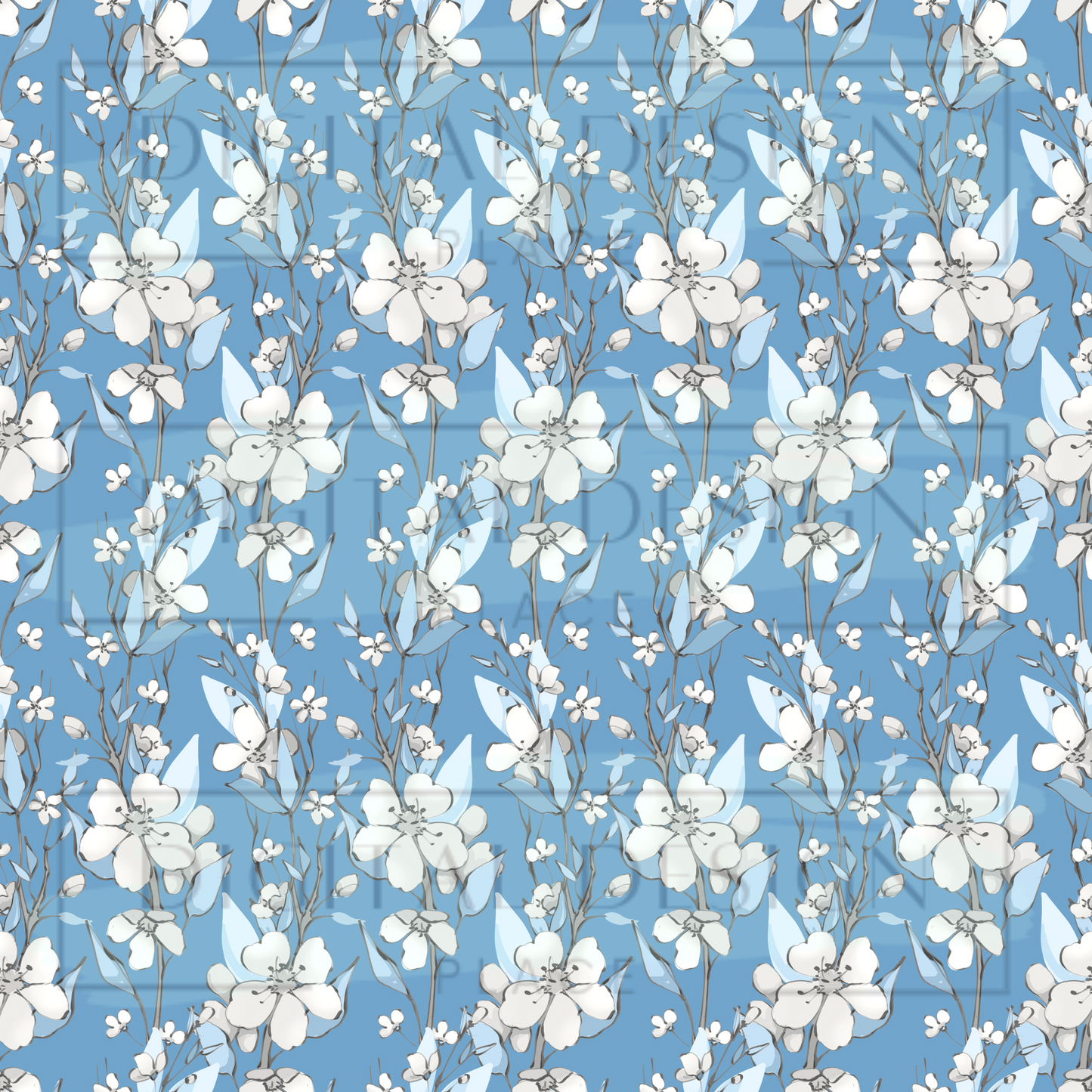 Blue White Floral VinylV939