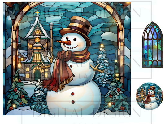 Stained Glass Snowman Church WrB100