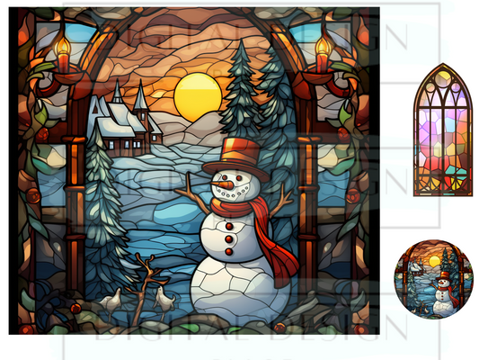 Stained Glass Snowman Sunset WrB96